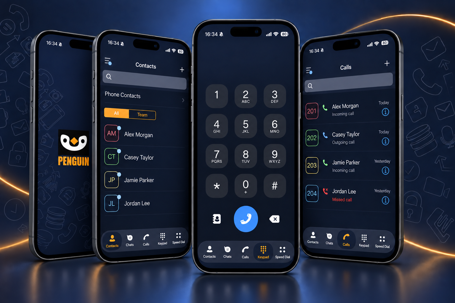 Penguin mobile app contacts, keypad and recent calls